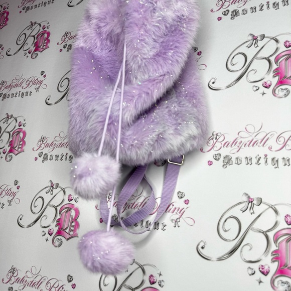 Furry backpack sparkly shimmer purple holographic Pom poms Faux Fur Backpack - Picture 2 of 9